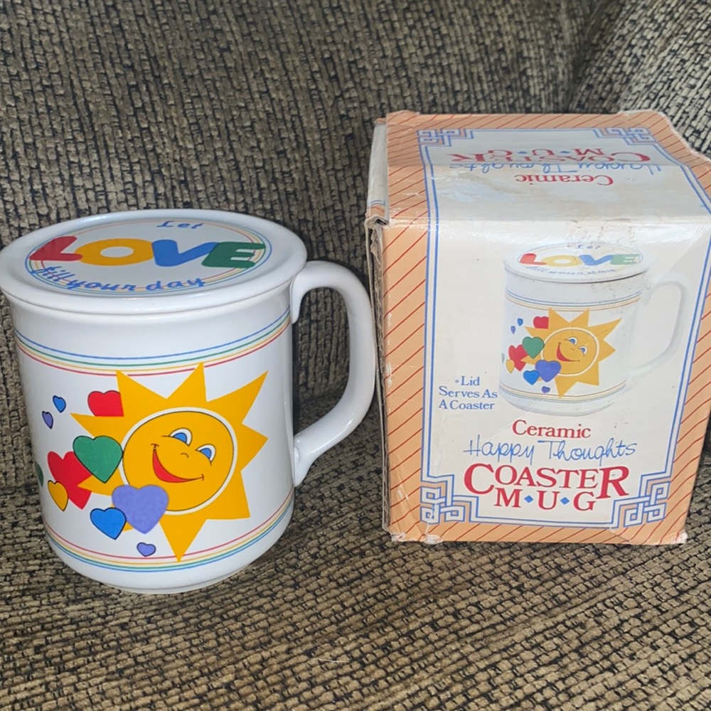 Vintage Ceramic Happy Thoughts Coaster/Lid Mug